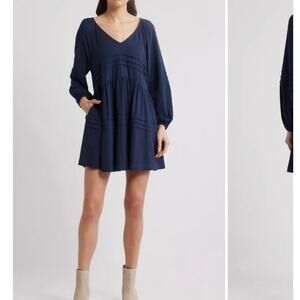Treasure & Bond Pintuck Long Sleeve Minidress Navy Size Large NWT Nordstrom